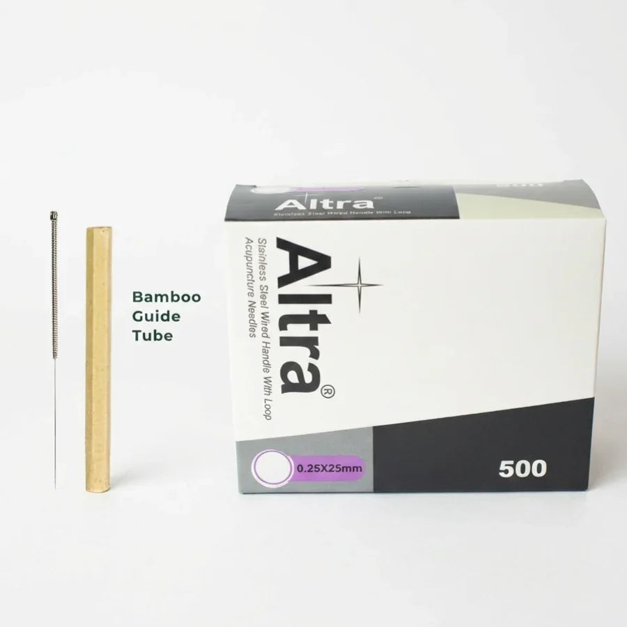 Altra acupuncture needle packaging with bamboo guide tube on a white background
