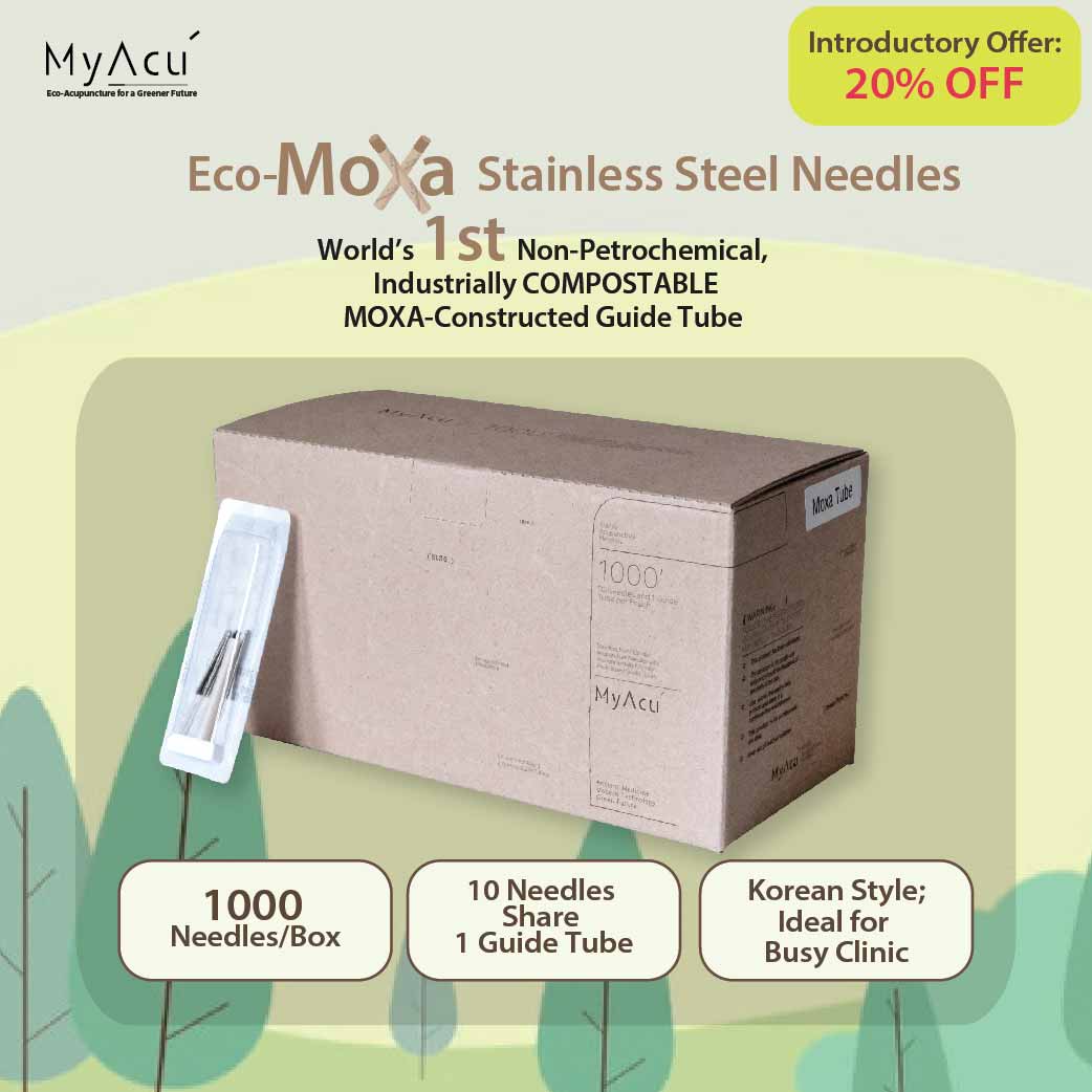 MyAcu Eco-Moxa | Stainless Steel Acupuncture Needle with Industrially Compostable Moxa Guide Tube, 1000 pcs per box