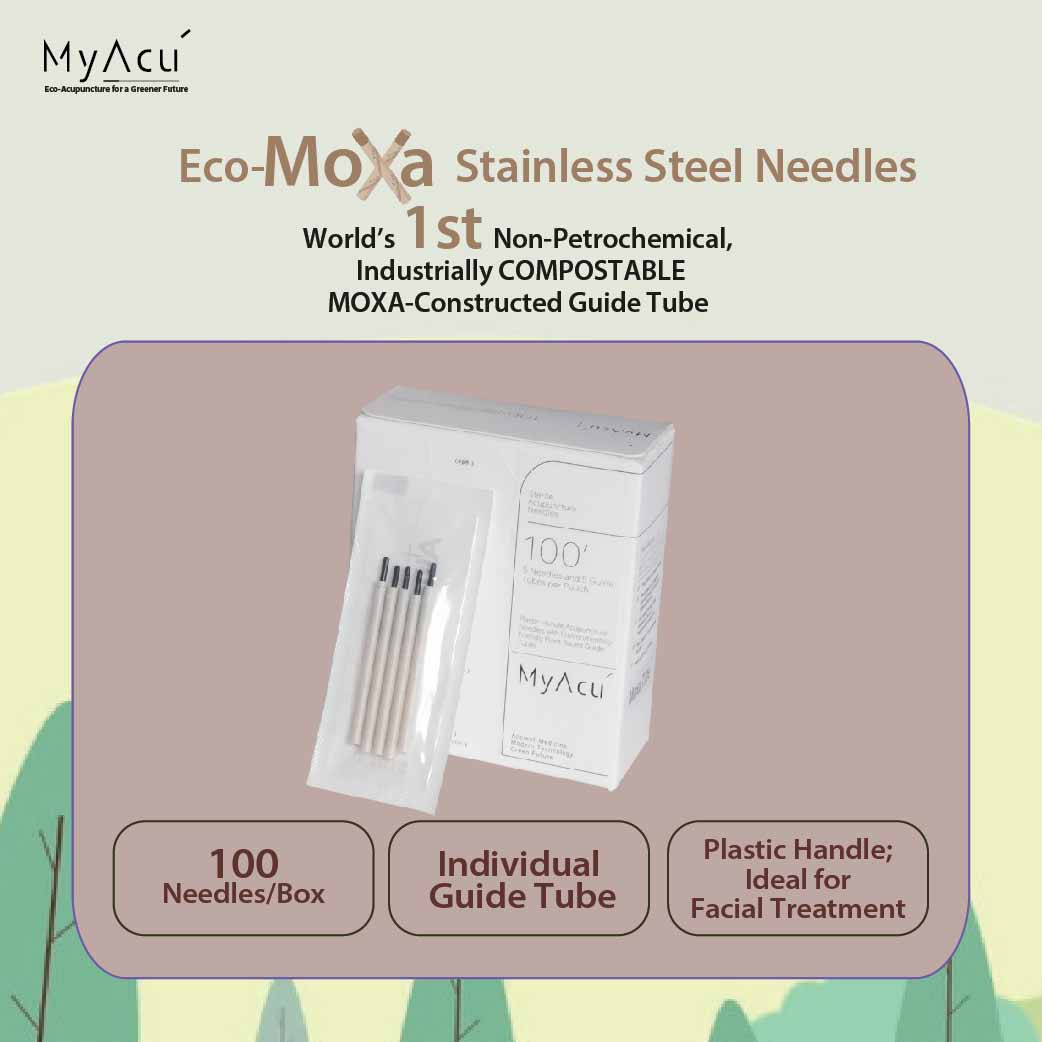 MyAcu ® Eco-Moxa | Acupuncture Needles With Industrially Compostable Moxa guide Tube, 100pcs per box | Plastic Handle | Facial Treatment |