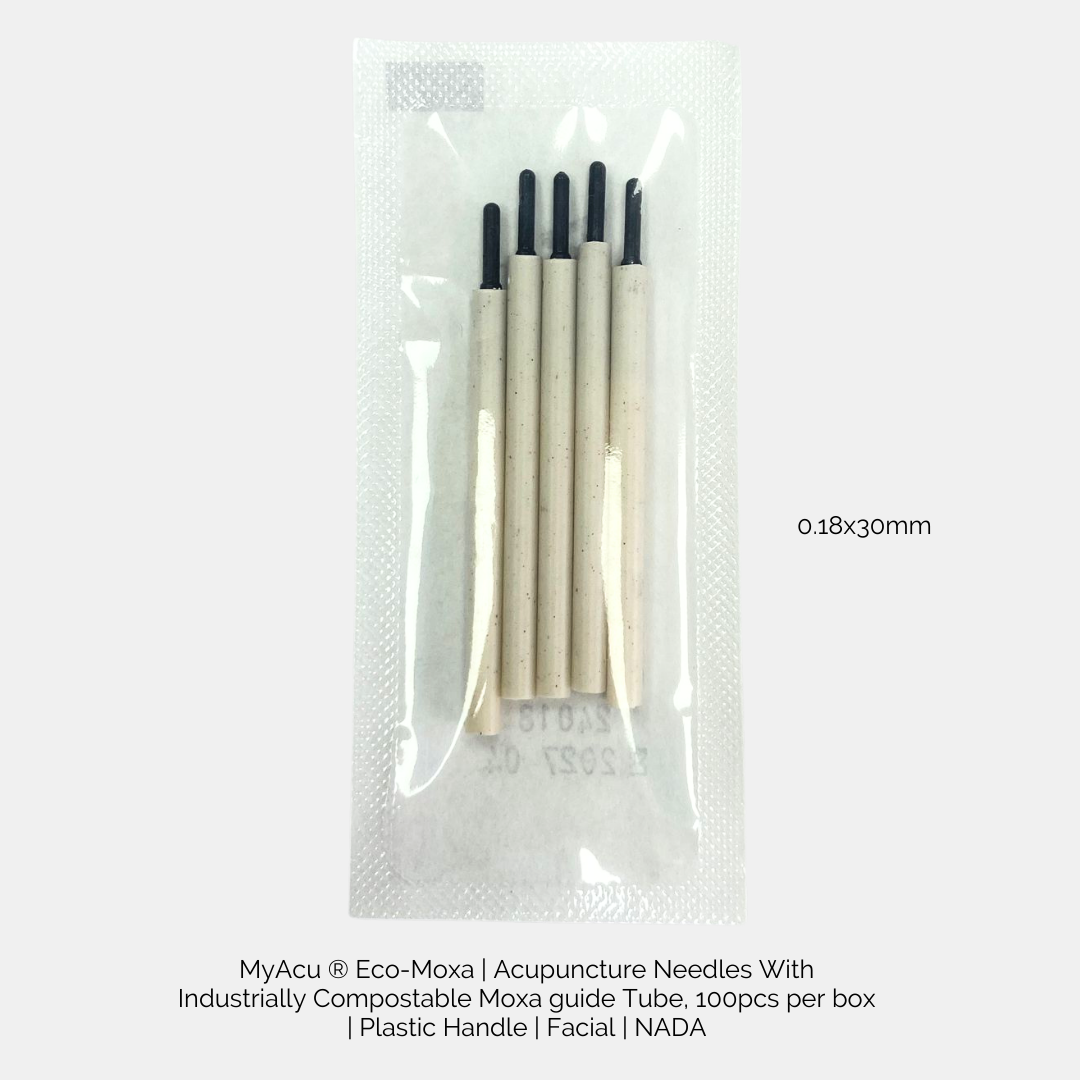 MyAcu ® Eco-Moxa | Acupuncture Needles With Industrially Compostable Moxa guide Tube, 100pcs per box | Plastic Handle | Facial | NADA