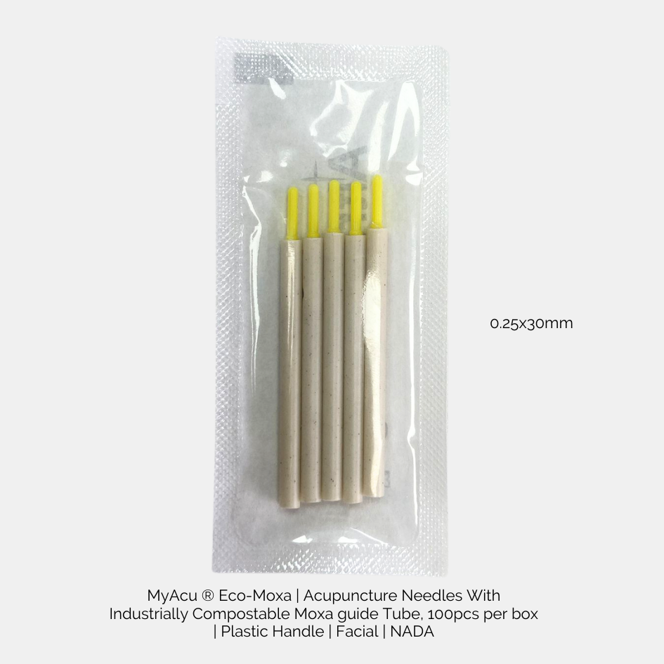 MyAcu ® Eco-Moxa | Acupuncture Needles With Industrially Compostable Moxa guide Tube, 100pcs per box | Plastic Handle | Facial | NADA