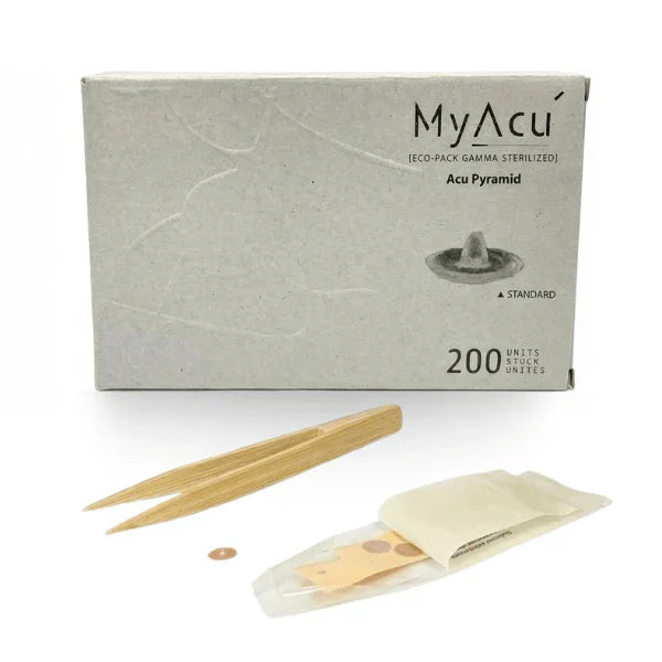 MyAcé Acu Pyramid product packaging with acupuncture tools on a white background