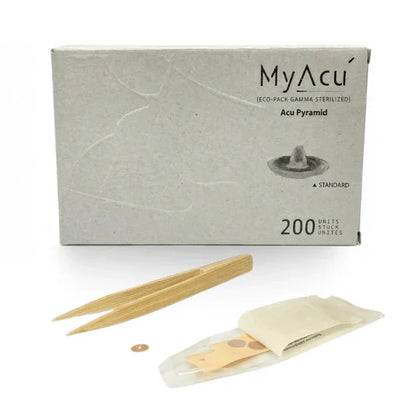 MyAcé Acu Pyramid product packaging with acupuncture tools on a white background