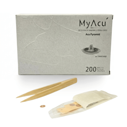 MyAcé Acu Pyramid product packaging with acupuncture tools on a white background