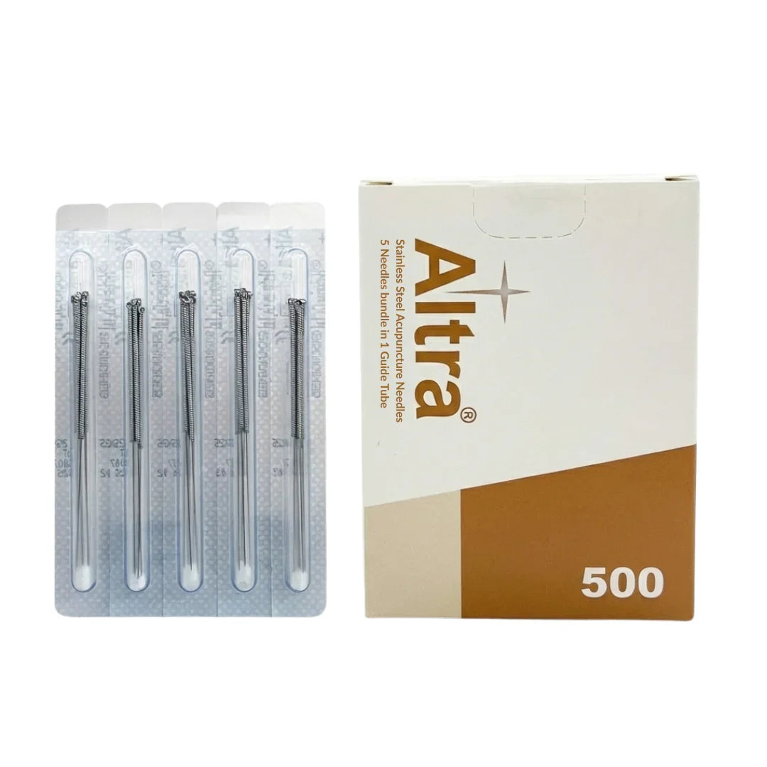 Altra branding with packaging of needles, 5 needles bundled in 1 guide tube. From Herbprime