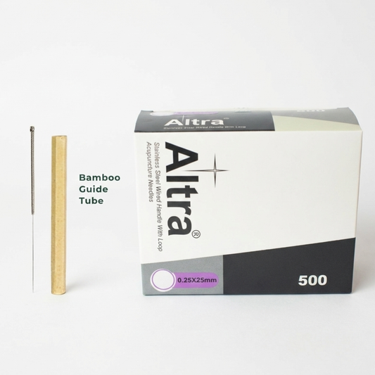 Altra acupuncture needle packaging with bamboo guide tube on a white background