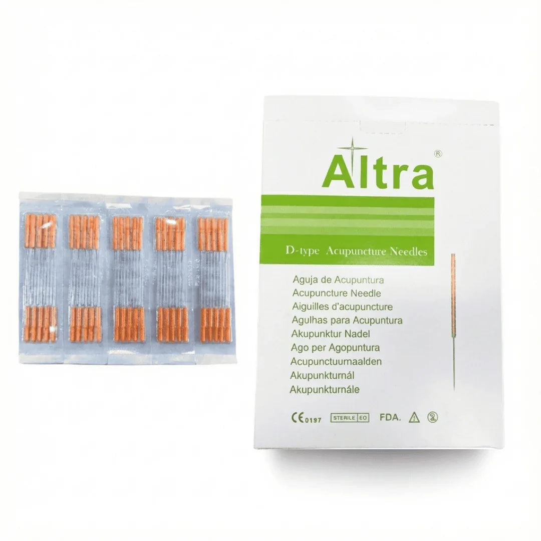 Altra acupuncture needles packaging with needles displayed on a white background