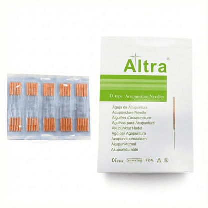 Altra acupuncture needles packaging with needles displayed on a white background