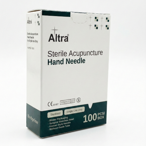 Box of Altra sterile acupuncture hand needles on a white background