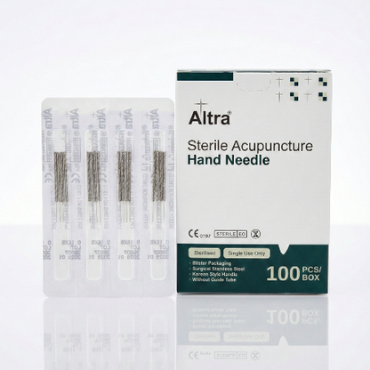 Altra sterile acupuncture hand needle packaging with needles displayed on a white background