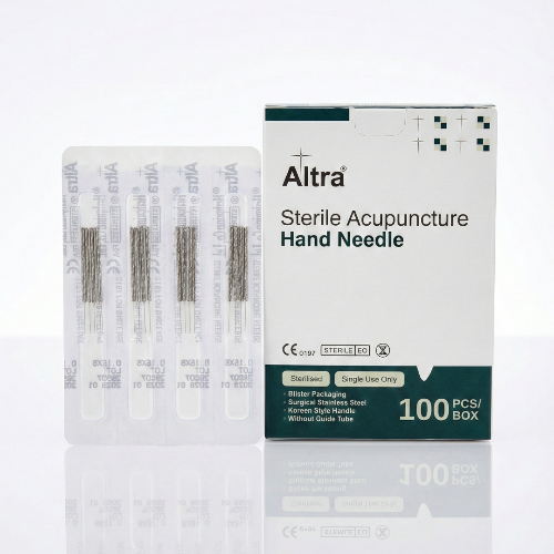 Altra sterile acupuncture hand needle packaging with needles displayed on a white background