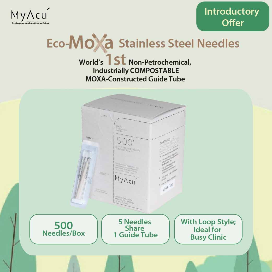 MyAcu Eco-Moxa| Stainless Steel Acupuncture Needle with Compostable Moxa Guide Tube, 500 pcs per box