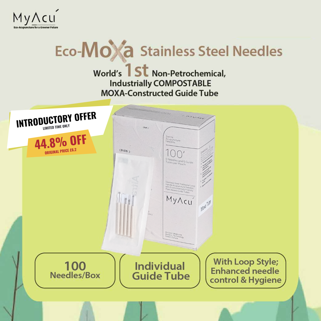 MyAcu® Eco-Moxa | Stainless Steel Acupuncture Needles with Industrially Compostable Moxa Guide Tube , 100pcs per box