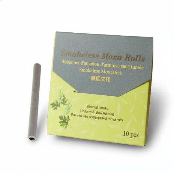 Box of Smokeless Moxa Rolls with a moxibustion stick on a white background