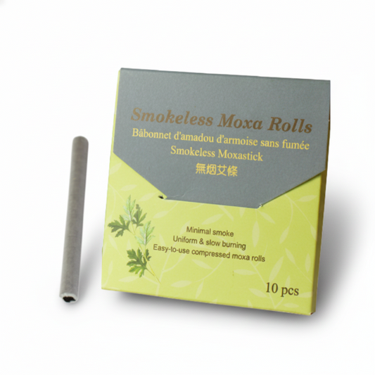 Box of Smokeless Moxa Rolls with a moxibustion stick on a white background