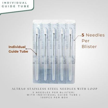 Altra® Stainless Steel Needles With Loop, 5 Needle per Blister, With Guide Tube, 100pcs per box - Herbprime