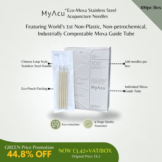 MyAcu® Eco-Moxa | Stainless Steel Acupuncture Needles with Industrially Compostable Moxa Guide Tube , 100pcs per box