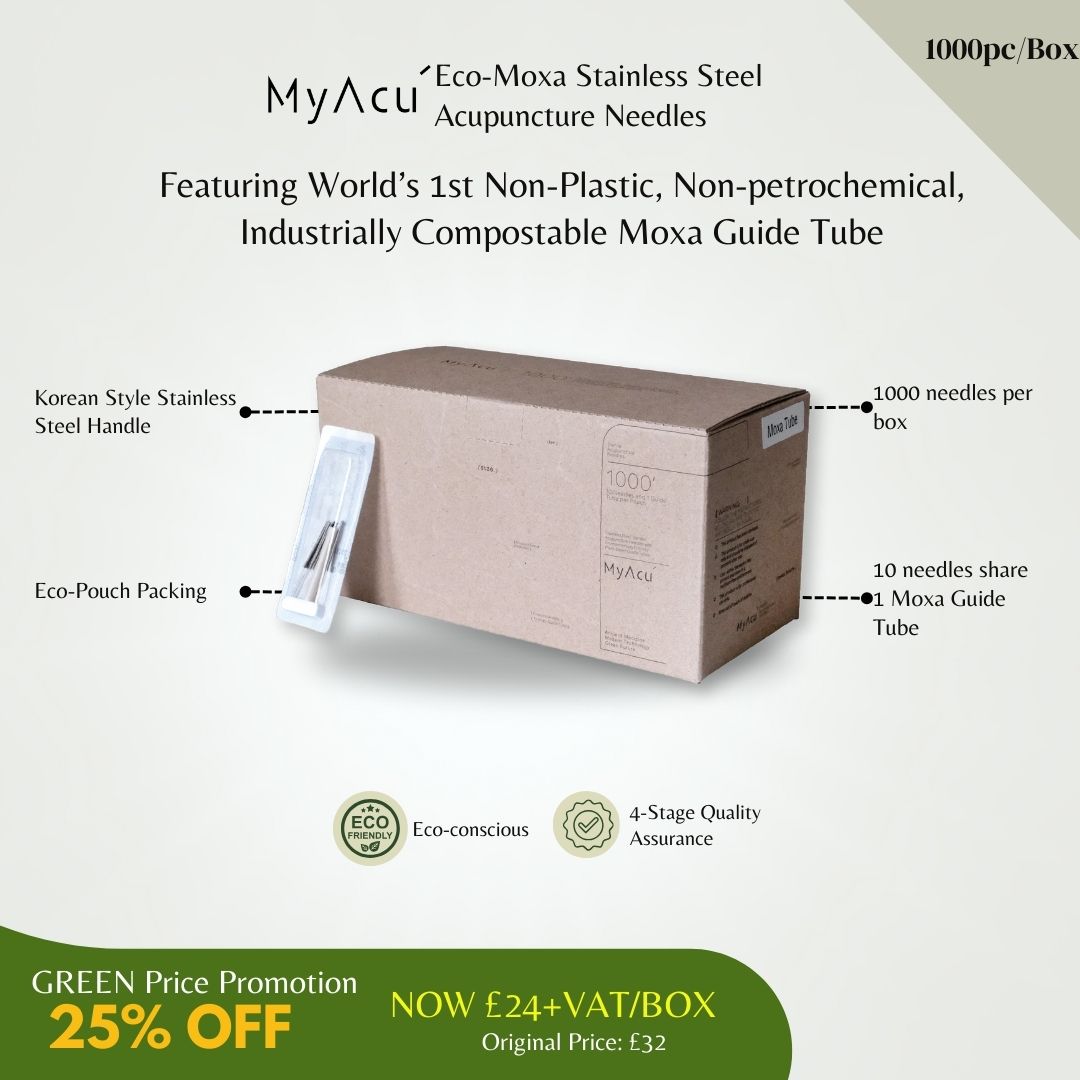 MyAcu Eco-Moxa | Stainless Steel Acupuncture Needle with Industrially Compostable Moxa Guide Tube, 1000 pcs per box