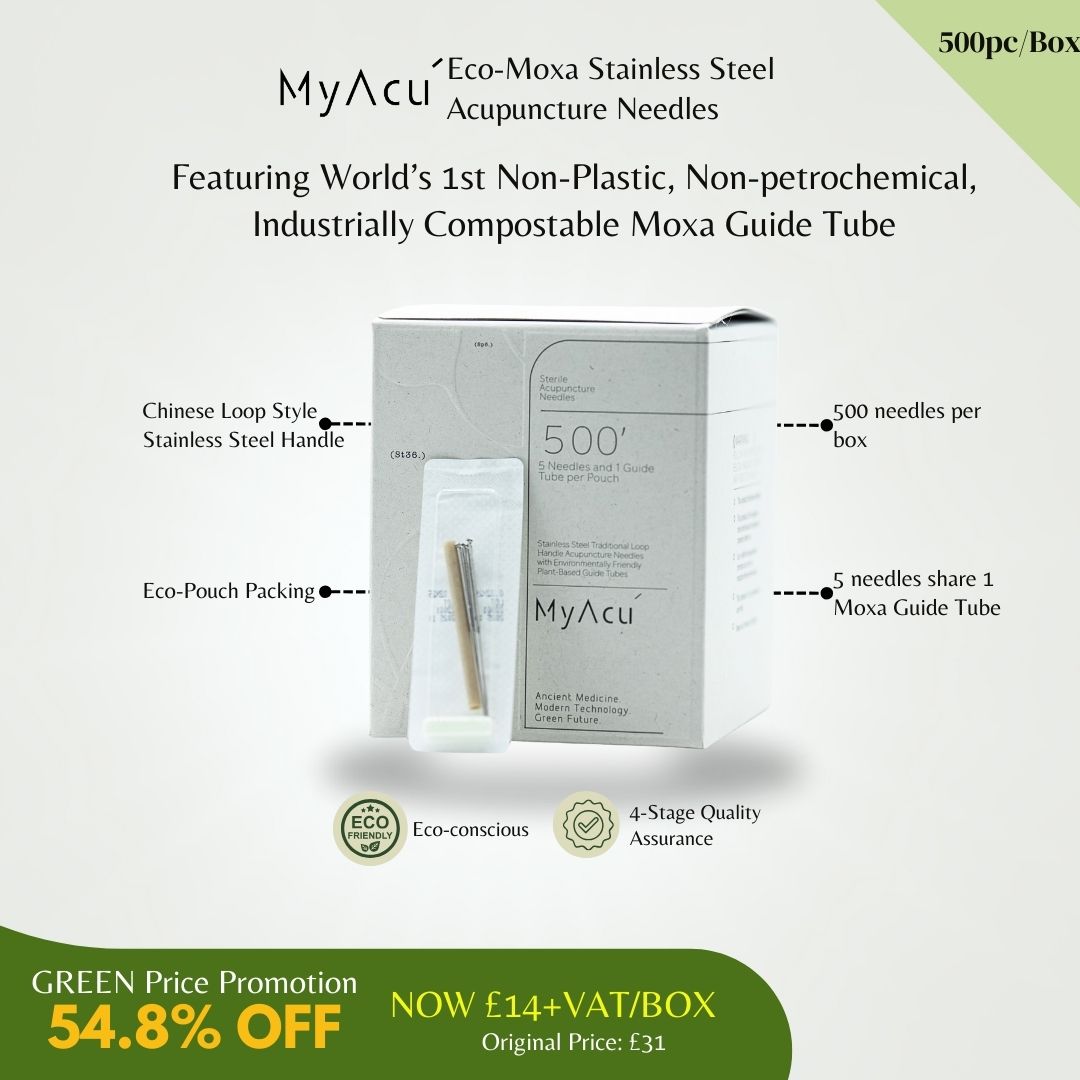 MyAcu Eco-Moxa| Stainless Steel Acupuncture Needle with Compostable Moxa Guide Tube, 500 pcs per box