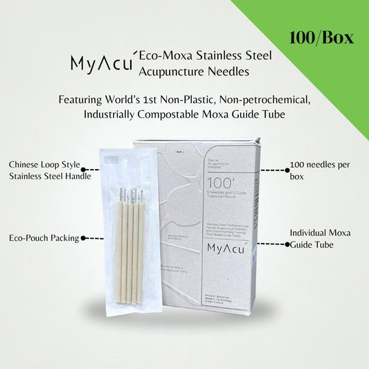 MyAcu® Eco-Moxa 100'/Box  | Stainless Steel Acupuncture Needles with Industrially Compostable Moxa Guide Tube