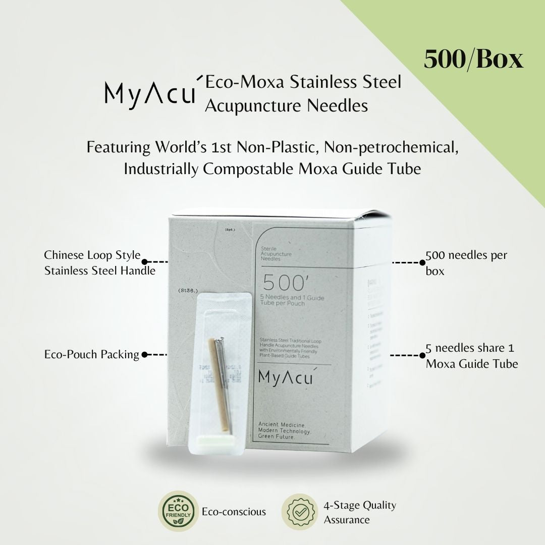 MyAcu Eco-Moxa 500'/Box | Stainless Steel Acupuncture Needle with Compostable Moxa Guide Tube